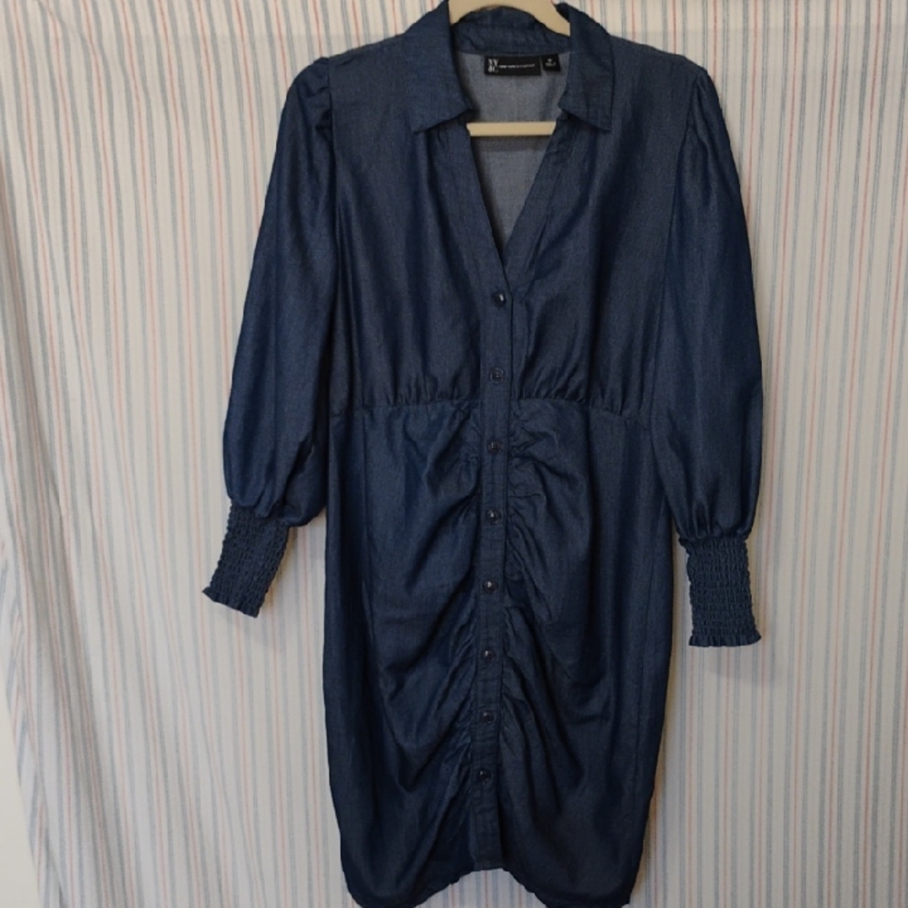 New York & Company Navy Light Denim Long Sleeve Dress  M